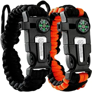 Paracord Bracelet (2 Pack)-Adjustable-Fire Starter-Loud Whistle-Perfect for Hiking, Camping, Fishing and Hunting-Black & Black+Orange