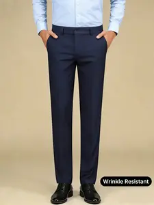 Navy Blue Men’s Dress Pants | Stretch Wrinkle Resistant Mid Waist Slim Fit Polyester Elastane