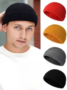Unisex Knit Beanie Hat, Knitted Winter Hat, Fashionable Warm Fitted Cap for Fall & Winter, Casual Style, Multiple Colors Available, Perfect Gift Idea