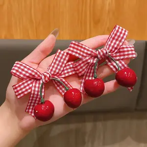 2/4/6-Piece Set: Korean-Style Sweet Cherry & Bow Hair Accessories — Red and White Plaid Ribbon Bows Paired with Red Cherries; Durable Polyester Hair Ornaments Suitable for Women's Casual Wear and Special Occasions; Cherry-Themed Hair Accessories with a Pl