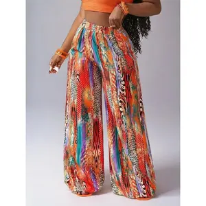Plus Size Full Print Wide-Leg Pants, Bohemian Stretch Waist Pants, Suitable for Daily Wear and Vacations, Women’s Underwear for All Four Seasons
