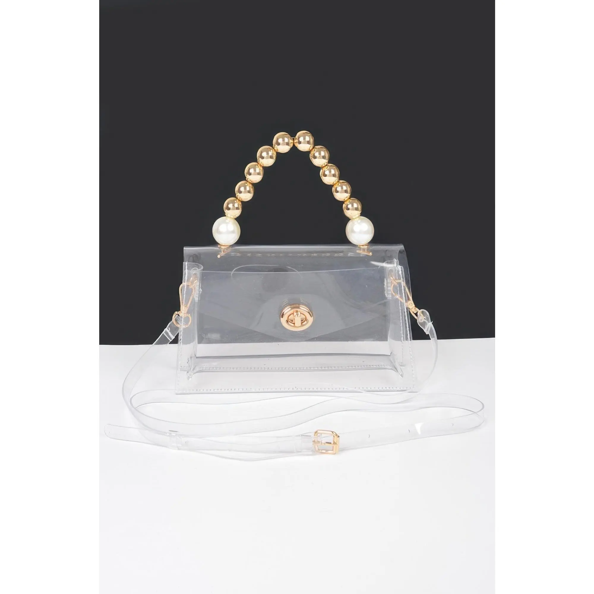 Women's Modern Transparent PVC Clutch Purse with Faux Pearl & Bead Embellishments, Sculptural Handle for Evening Parties & Weddings, Beads, Faux Pearls, Chic, Translucent, Ccb Handle, Flap Closure, Pearl Accents