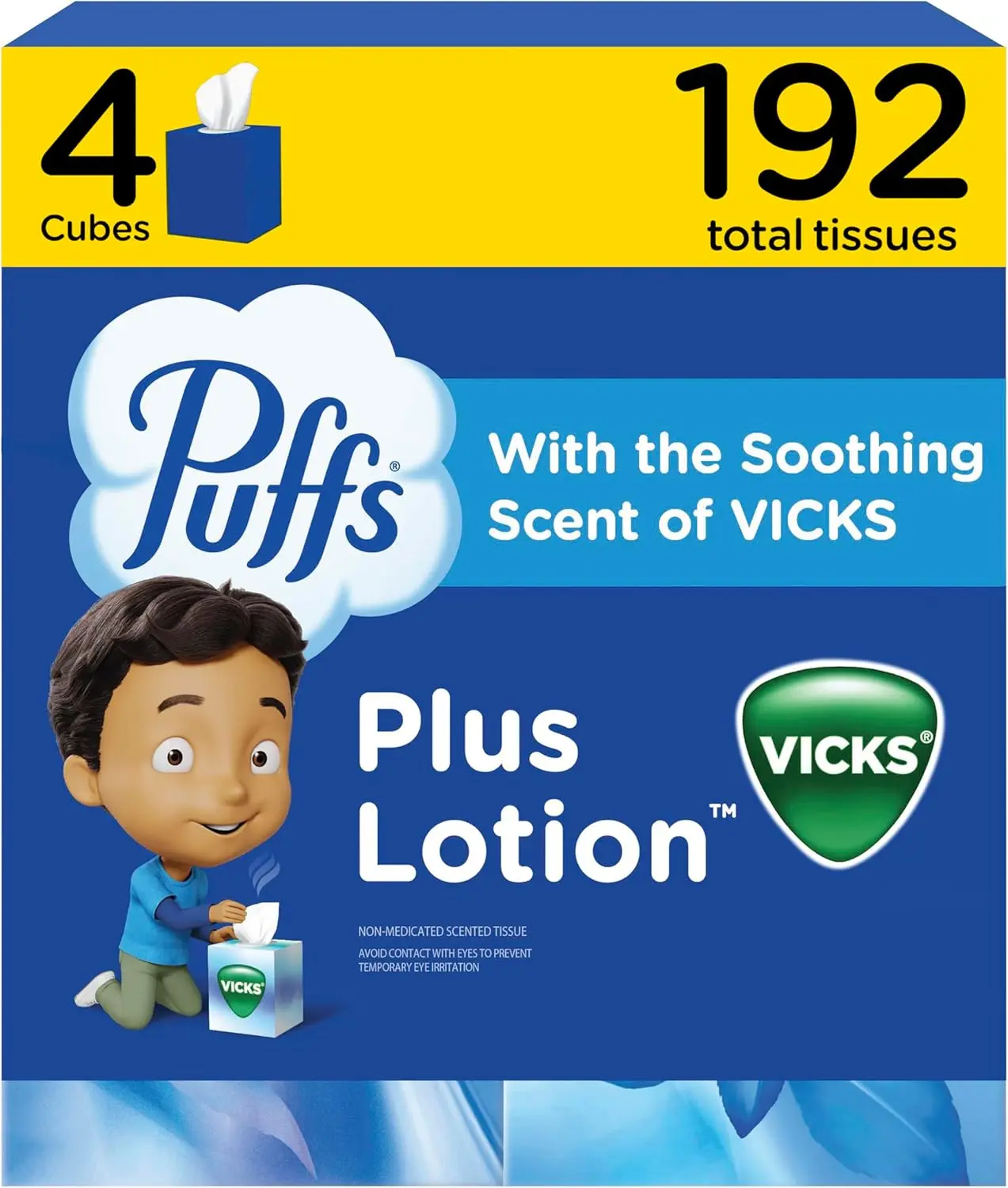 Puffs Plus Lotion with Vicks Facial Tissues, 4 Cubes, 48 Tissues per Box (Pack of 2)
