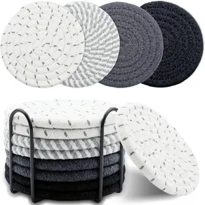 8 Pcs Cotton Woven Drink Coaster Set with Holder, Minimalist 4.3-Inch Absorbent Tableware, Ideal for Coffee Tables and Home Decor Tabletop Cup Protection