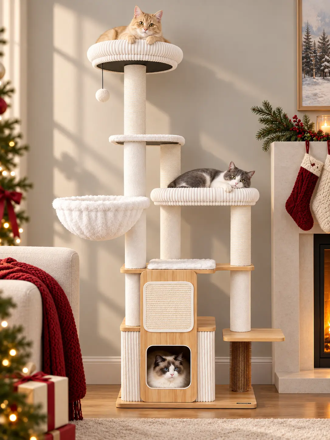 Purrlato 63-Inch Multi-Level Cat Tree for Large Indoor Cats, Modern Wood-Look Cat Tower with Oversized Top Perch, Spacious Condo & Sisal Scratching Posts