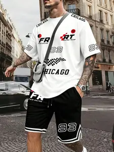 Viral TikTok Men's Racing Team Graphic 2-Piece Outfit, Black Checkered Flag Print T-Shirt & Shorts Set, Casual Streetwear for Daily Wear, Gym & Street Style