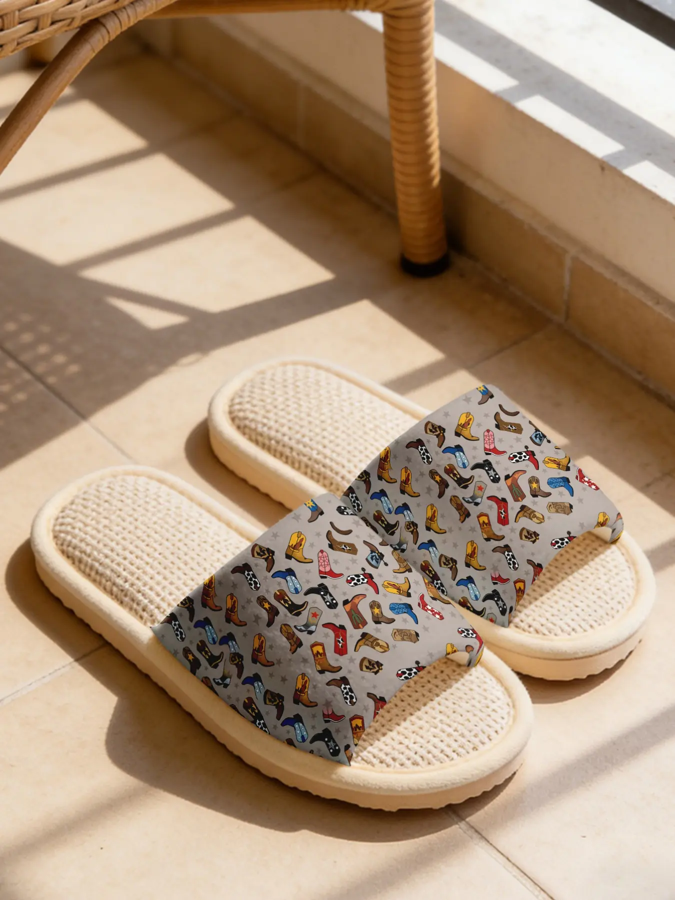 Gray Base Colorful Cowboy Boot Print Linen Slippers Western Retro Style Cloud-Feel Linen Breathable Non-Slip Must-Have For Retro Lovers Home & Outdoor