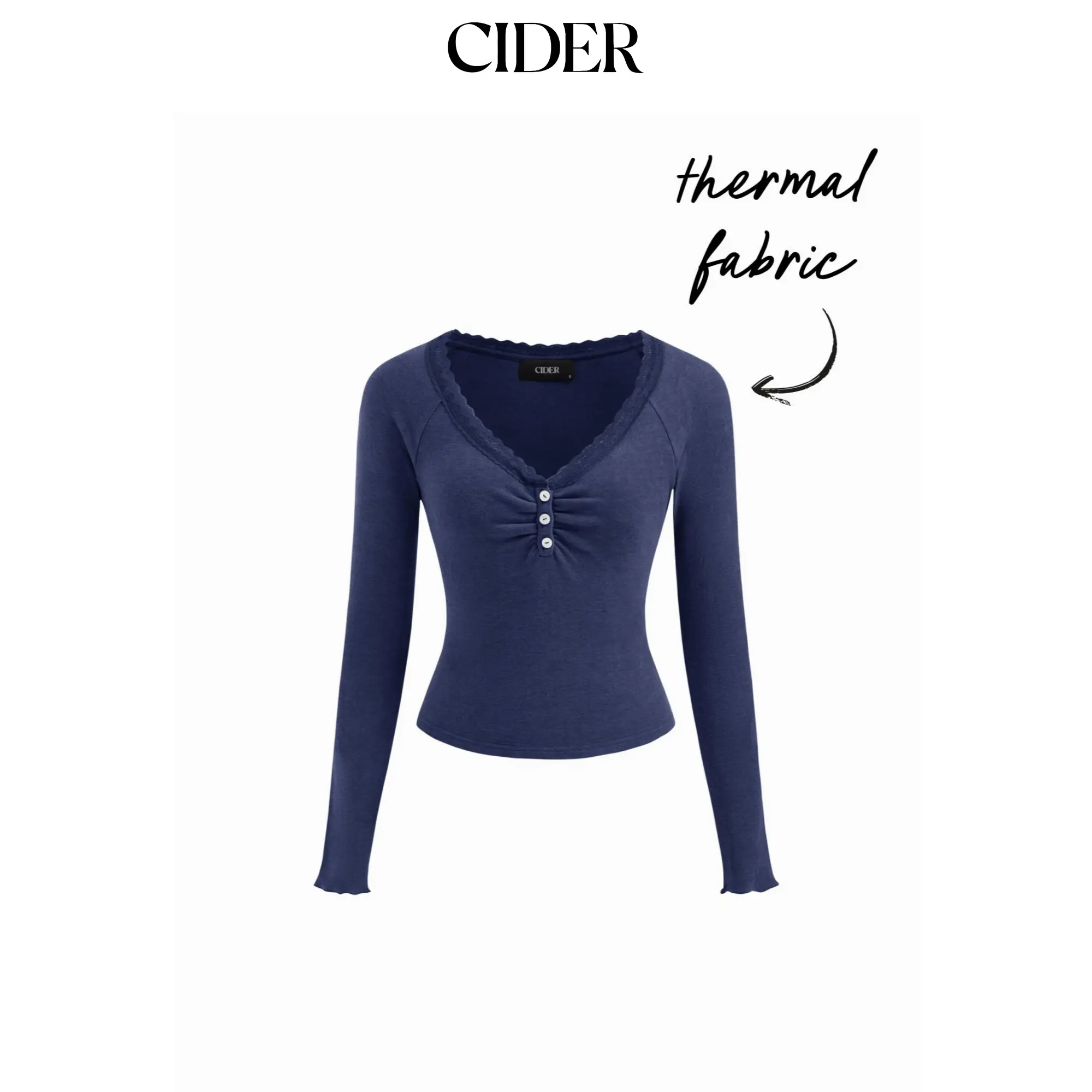 Cider Thermal Cotton-blend V-neck Long Sleeve Lace Trim Ruched Tee