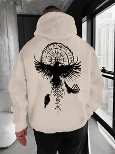 Nordic Viking Raven Runestone Hoodie, Minimalist Dark Street Style, Unique Culture Print, Casual Fitted Sweatshirt, Fall & Winter Fashion, Graphic Hoodie