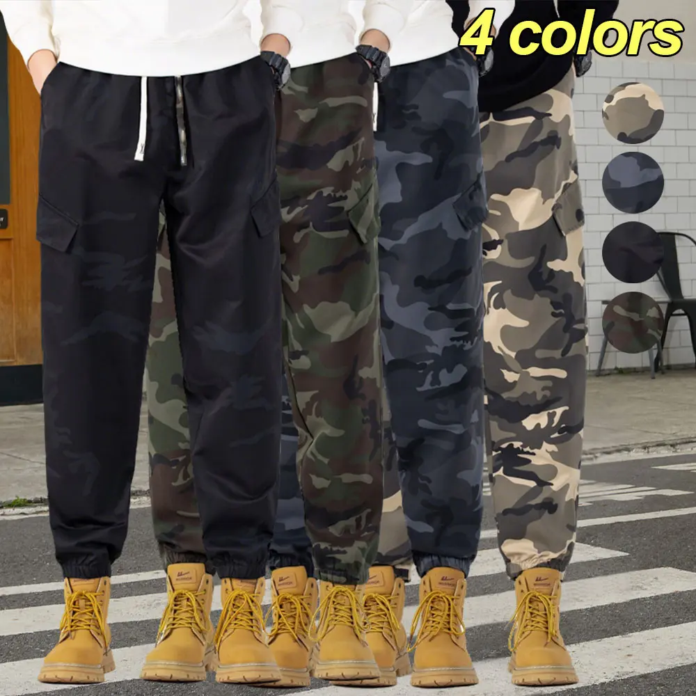 Men’s camouflage cargo sweatpants with a multi-pocket design that balances practicality and style. Comfortable, breathable long pants with a drawstring elastic waistband and tapered cuffs, available in multiple colors—ideal for campus outfits and everyday