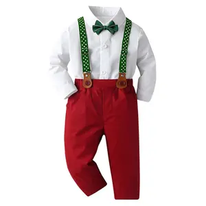 New Boys Gentleman Suit Christmas Outfit Solid Shirt Pants with Star-shaped Strap Set Costumes Kids Formal Autumn Winter Cotton Party Clothes KB8174