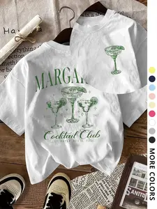 Women's Margarita Cocktail Print Round Neck Tee, Casual Short Sleeve T-shirt for Daily Wear, Ladies Clothes for All Seasons, Top, Graphic Tee, Womenswear, Tshirt, Graphic Tees Women