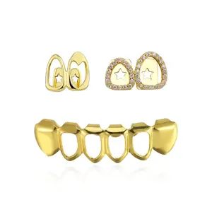 Heart Grillz Hollow Cutout Teeth Caps 3Pcs Women Hip Hop Dental Jewelry, Copper Plated Zirconia Tooth Covers, Iced Out Aesthetic Grillz for Rap Party Cosplay Festival
