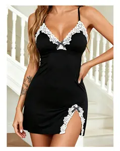 Women's Lace Trim Chemise Nightgown, Elegant V-Neck Spaghetti Strap Lingerie, Sexy Side Slit Loungewear Dress