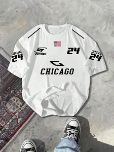 Y2K American Vintage Style Chicago 24 Win Print T-Shirt for Women, Loose Fit Casual Short Sleeve, Hip Hop Streetwear Top