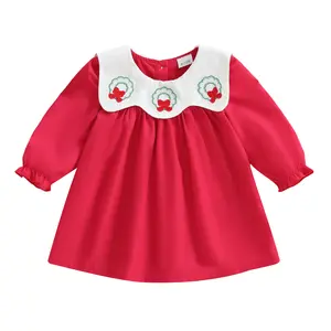 Infant Toddler Baby Girl Christmas Dress Wreath Embroidery Crew Neck Long Sleeve A Line Dress Kids Smocked Dresses