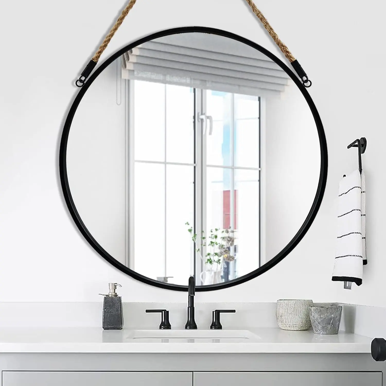 Large Round Hanging Mirror, Circle Wall Mirror with Rope, 30 Inch Black Frame Farmhouse Mirror for Bathroom Bedroom Living Room Entryway  Decor