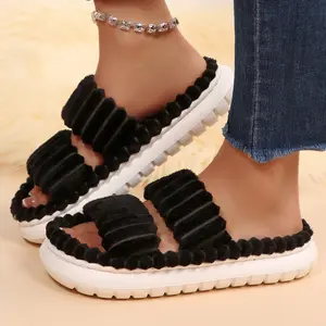 Women's Double Strap Plush Slippers Open Toe House Fuzzy Fluffy Winter Slippers for Women