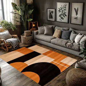 Burnt Orange Beige Black Abstract Geometric Crystal Velvet Area Rug Non‑Slip Modern Living Room Rug#AbstractGeometricRug #ModernHomeDecor #BurntOrangeBeigeBlackRug #ContemporaryPatternCarpet #CrystalVelvetRug
