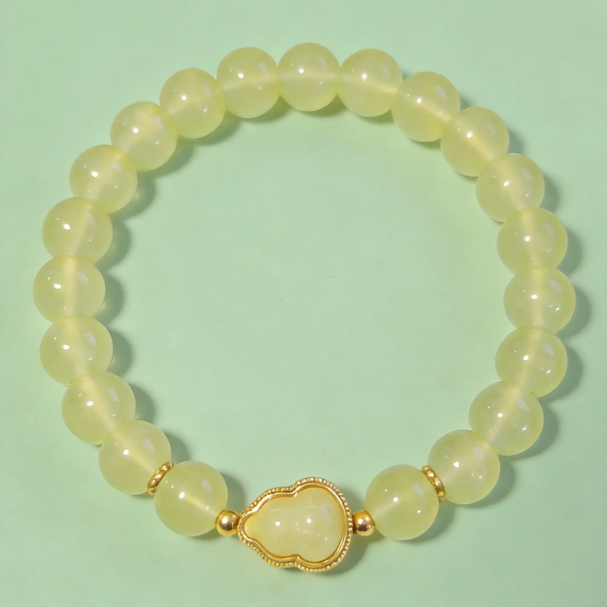 White Beaded Bracelet for Women, Religious Stretch Band with an Inspirational Gold Gourd Charm, Female