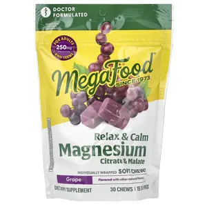 MegaFood Relax & Calm Magnesium, Grape, 30 Individually Wrapped Soft Chews (125 mg per Chew)
