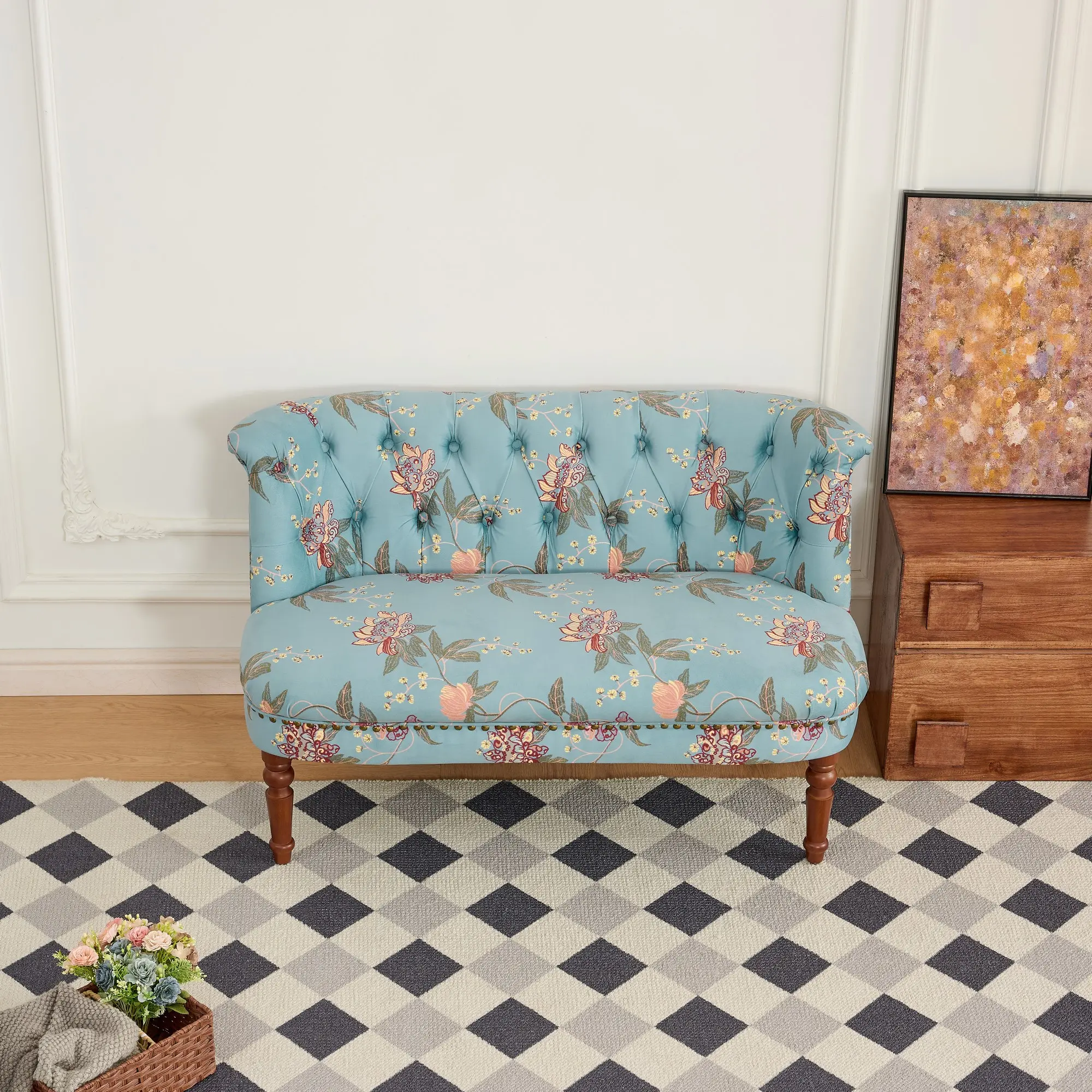 47.25-Inch Tiffany Blue Floral Settee Sofa, Button-Tufted Upholstered Accent Bench with Curved Back and Solid Wood Legs