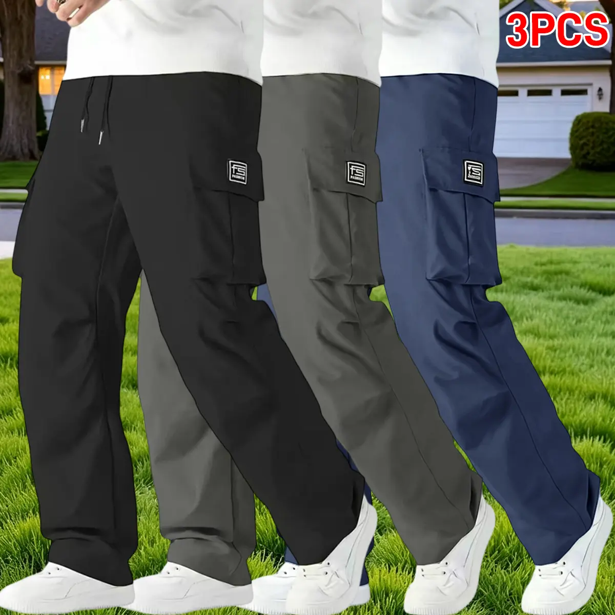 Men's 3-Piece Solid Polyester Athletic Cargo Tracksuit, Loose-Fit Activewear with Multiple Pockets for Sports, Menswear, Plain