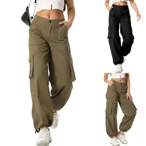 AVAMO Stretchy Y2K Cargo Pants with 6 Pockets Adjustable Cuffs High Waisted Hiking Pants Wide Leg Baggy Casual Work Trousers for All Seasons Womenswear
