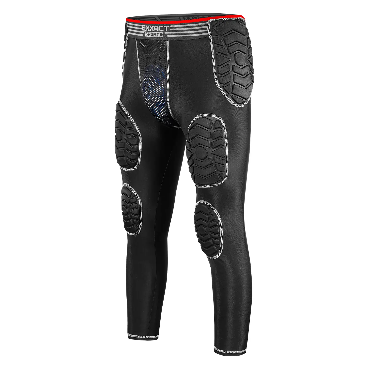 Exxact Sports Combat Men's Padded Compression Leggings, 7-Pad Football Girdle Pants with Cup Pocket, Integrated Hip, Thigh, Knee & Tailbone Protection for Game-Day (Black)