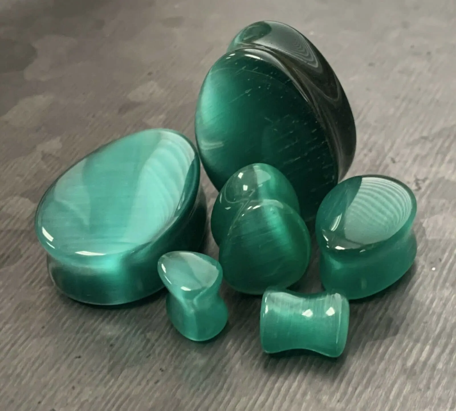 PAIR of Stunning Deep Green Cat Eye Stone Teardrop Double Flare Plugs - Gauges 2g (6mm) thru 1" (25mm)