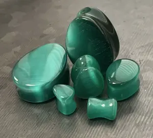 PAIR of Stunning Deep Green Cat Eye Stone Teardrop Double Flare Plugs - Gauges 2g (6mm) thru 1" (25mm)