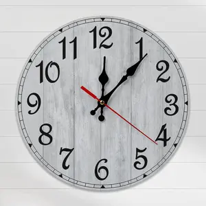 10" Grey Rustic Wood Wall Clock, Silent Non-Ticking Farmhouse Decor, Battery Operated Round Wall Art