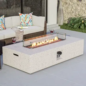 Outdoor Propane Fire Pit Table Rectangle Beige Compact Concrete-Like Finish, Wind Guard, Tank Outside, Free Lava Rocks, Fits 20lb Tank, Raincover