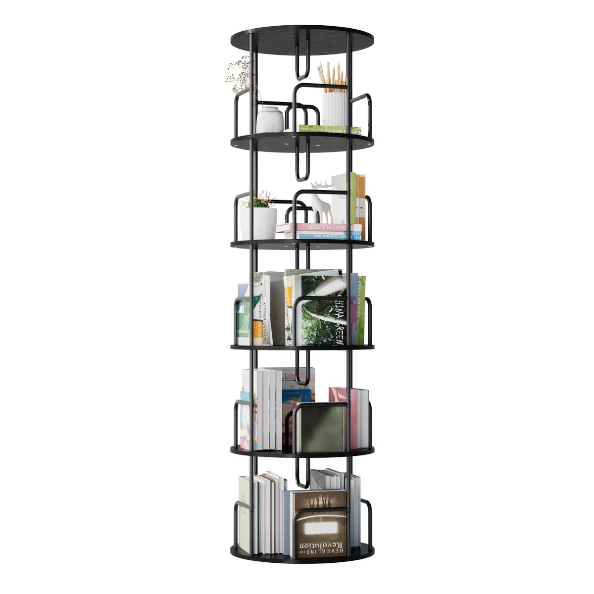 White 5-Tier 360° Rotatable Bookshelf - Stable Tiered Shelf, Smooth Turntable, Durable Metal Frame, 17.7x17.7x62.2in Space-Saving Storage Display Rack, Assembly Required, for Living Room (360 Degree Rotation Cabinets, Racks & Shelves, Office Furniture)