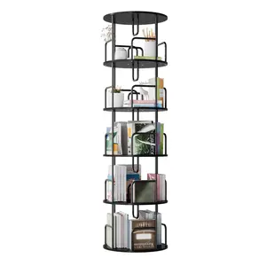 White 5-Tier 360° Rotating Bookshelf, 17.7x17.7x62.2 in Metal Frame Revolving Bookcase, Space-Saving Storage Display Rack for Study, Living Room