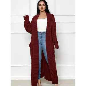 Long Length Cable Knit Cardigan, Elegant Solid Long Sleeve Sweater With Pockets, Women's Clothing