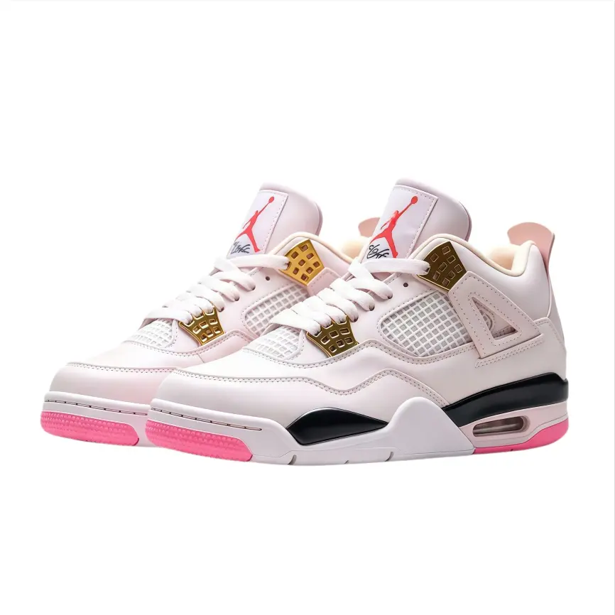 Light Pink Mid Top Sneakers with Gold Metallic Eyelets & Mesh Side Panels, White Leather Base — Retro Streetwear Vibe, Brand New Unisex with Box Dust Bag Matching Laces