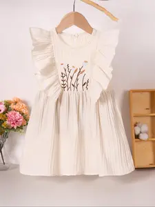 Toddler Girl's Floral Print Ruffle Trim Sweater Dress, Cute Sleeveless Round Neck Midi Dress for Summer, Kids Clothes for Daily Wear