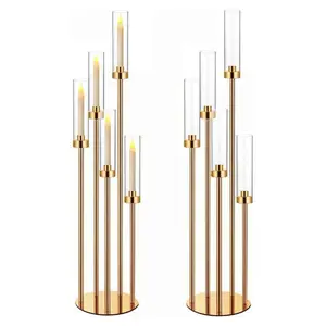 Gold 5-Arm Metal Candle Holder with Acrylic Shade - 1/2 Pcs, 42.5" Tall Decorative Candelabras for LED Taper Candles, Gold Decorated/Metal Series/Ornate Style Candelabras, Wedding Home Decor Homedecor Romantic Bedroom Accessories