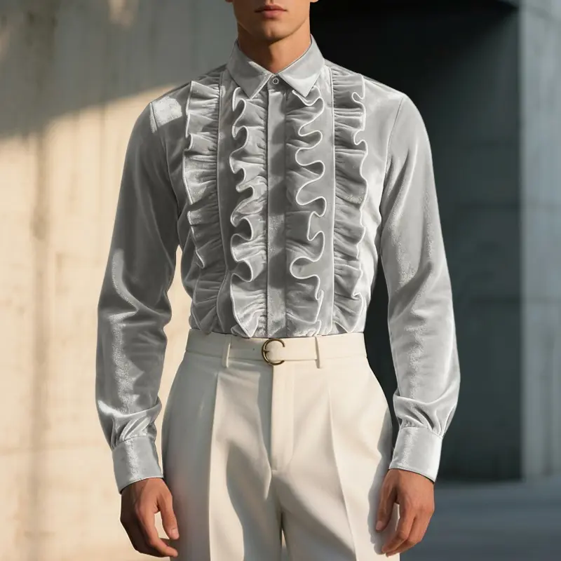 INCERUN Men's Vintage Victorian Ruffle Shirt in Silvergrey Shimmer Velvet, Long-Sleeve Luxury Formal Attire for Vampire Costume, Party, Ruffles, Formal Wear