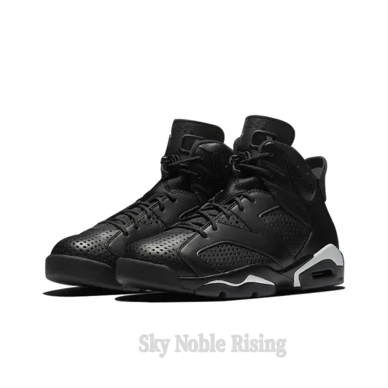 All-Black High-Top Retro Basketball Shoes with Perforated Leather and Reflective Laces