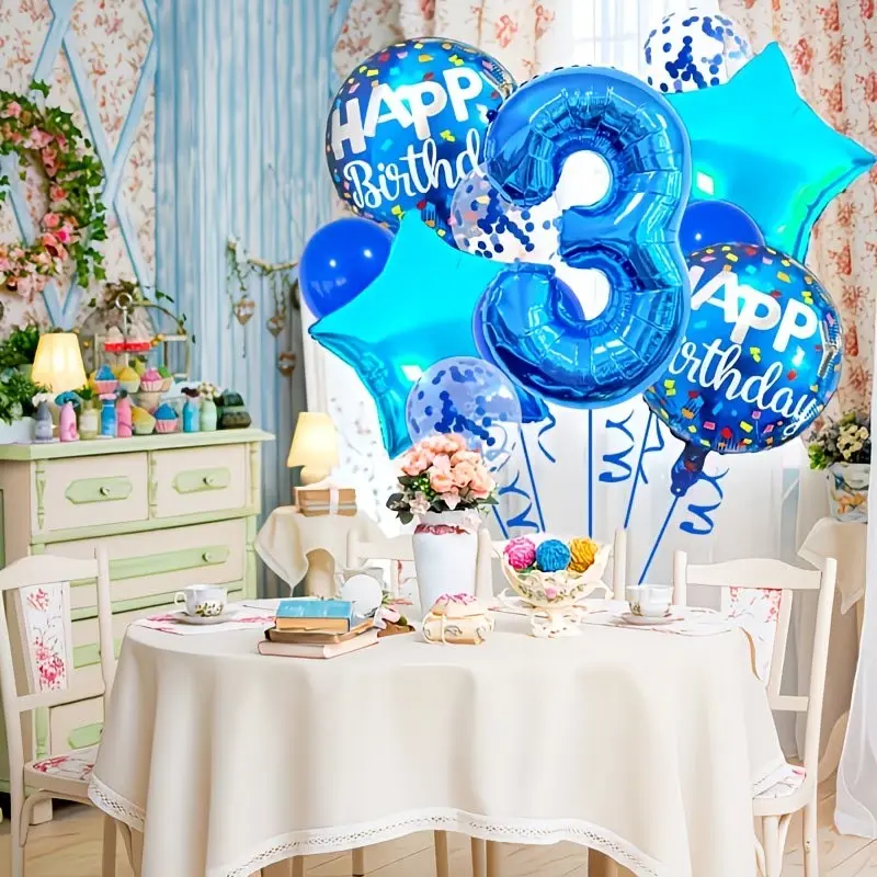 11pcs Birthday Party Balloon Set, Balloon Party Supplies, Balloon Decorations, Happy Birthday, Blue Number & Stars Aluminum Film Balloons for Party Decor, Ribbon Included, Summer Celebrations, Suitable for children's birthday party decoration
