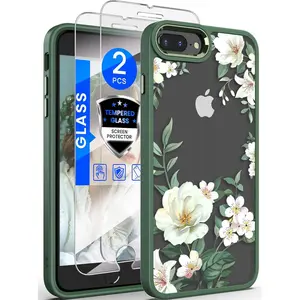 Phone Case for iPhone 8 Plus Case, iPhone 7 Plus & 6 Plus Case,Military Grade Drop Tested Hard Back & Soft Edge Slim Flower Women Girls Phone Protective Cover with Tempered Glass Screen Protector (Green)