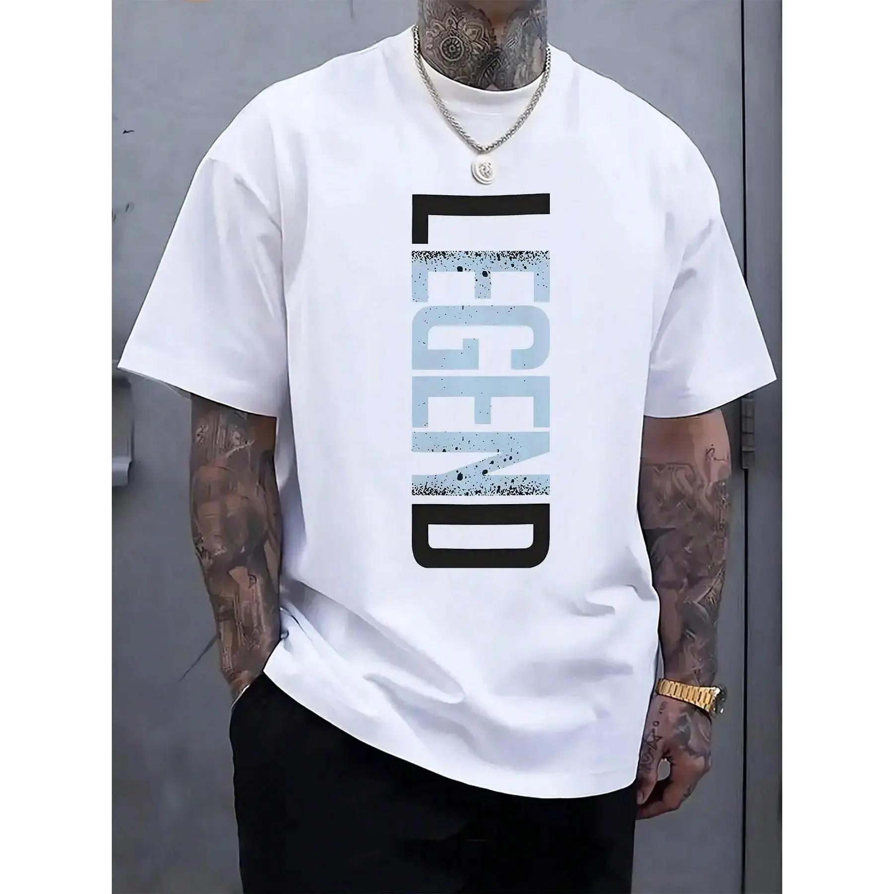 Men's Casual LEGEND Print Crew Neck Short Sleeve T-Shirt - Black With Blue Lettering, Lightweight Polyester Blend graphic tees