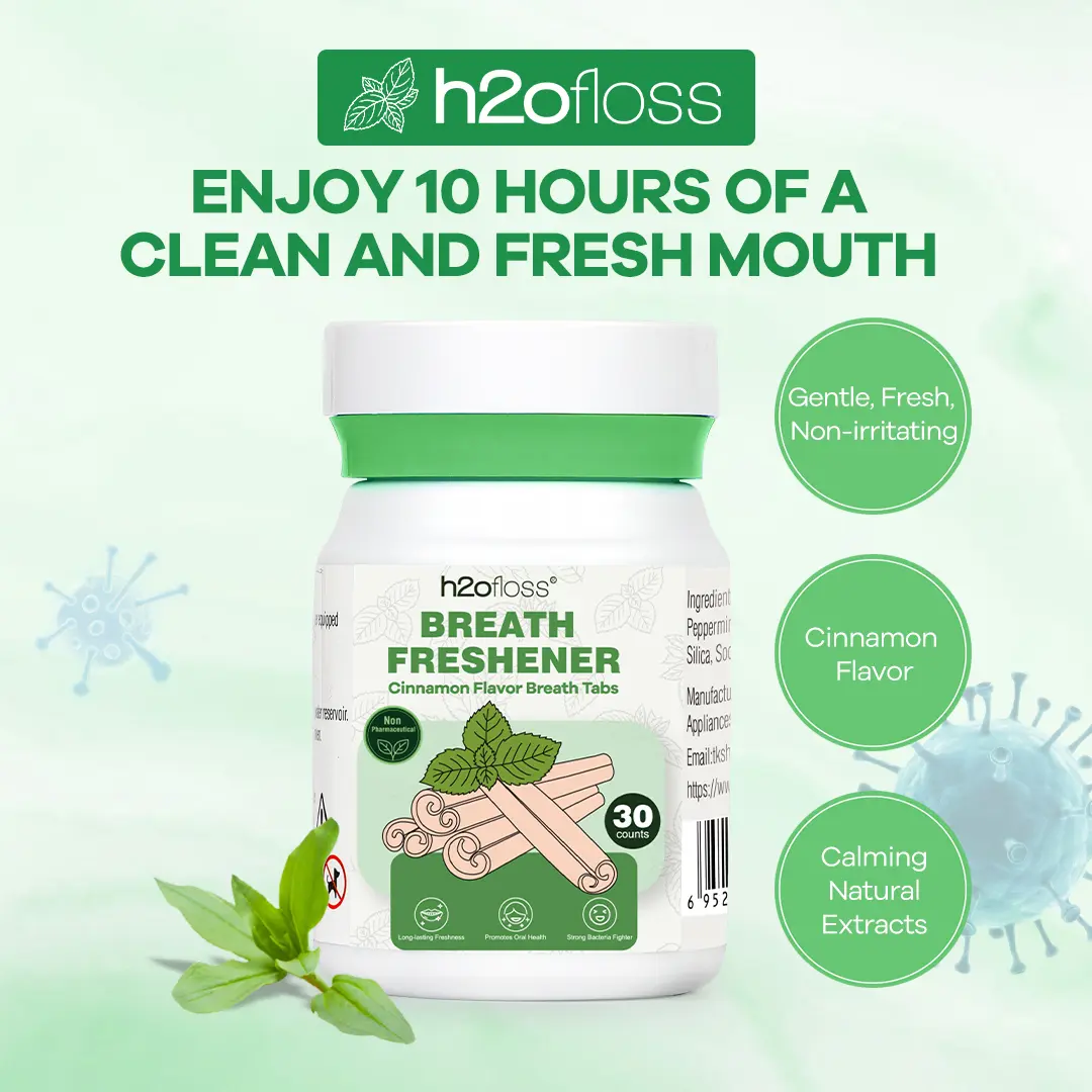 h2ofloss Breath Freshening Refill Tablets＆H2ofloss Oral Irrigator Dedicated Nozzle-Compatible with all h2ofloss Water Dental Flosser,Cinnamon flavor, Alcohol-Free Eco-Friendly Travel-Friendly for Fresh Breath and deep cleaning (30 Count)