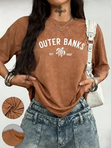 Women's Casual Fashion Washed Short Sleeve T - shirt, Outer Banks Turtle Letter Print, Retro Distressed Top VintageTStreetwearY2K