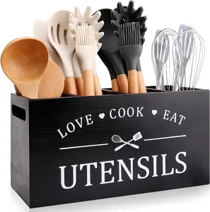 Black Farmhouse Utensil Holder for Kitchen Counter  Cooking Utensil Holder  Utensils Storage Organizer for Countertop Rustic  Kitchen Tool Decor Utensil Crock Spatula Holder