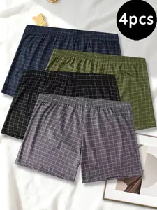 Men's Loose Breathable Plaid Print Boxer Shorts, Casual Home Wear (4 Pack), Comfortable Outdoor Travel Underwear, All Seasons