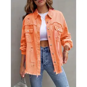 Women's Vintage Denim Jacket-Casual Distressed Fringe Jacket,with Pockets,Button Lapel,Solid Color,Machine Washable,Long Sleeve Womenswear Cloth plus size Collared Fitted Outerwear Basic winter clothes women Bright Pink Minimalist Coats Tops Polyester