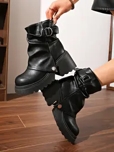 Women's British Style Pleated Upper Thick Sole Heeled Boots, High Platform Dark Punk Fashion, Versatile for Daily Commute & Streetwear, Footwear